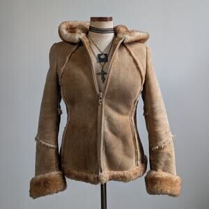 Vintage Tan Suede Shearling Coat Brown Wool Jacket Boho Chic Fur Coat Hood XS